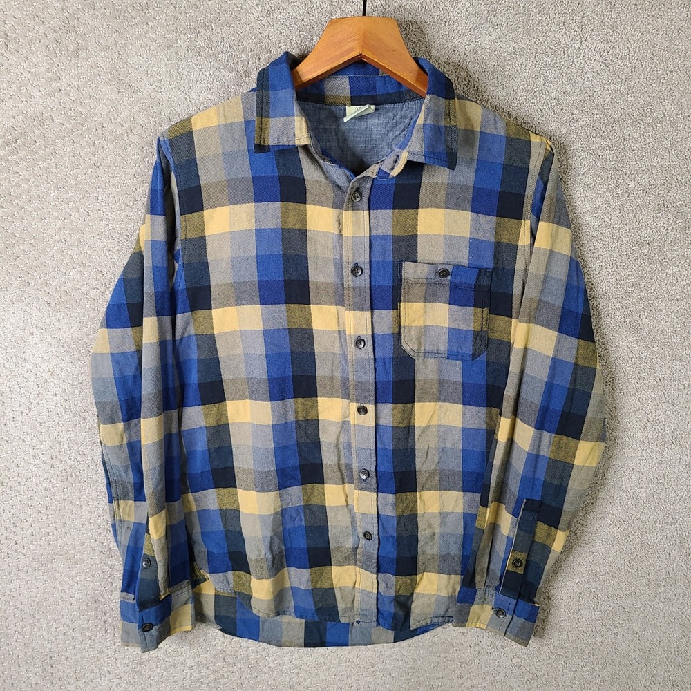 Rustic‎ Blue Shirt Mens Small Brown Blue Buffalo Plaid Flannel Button Up